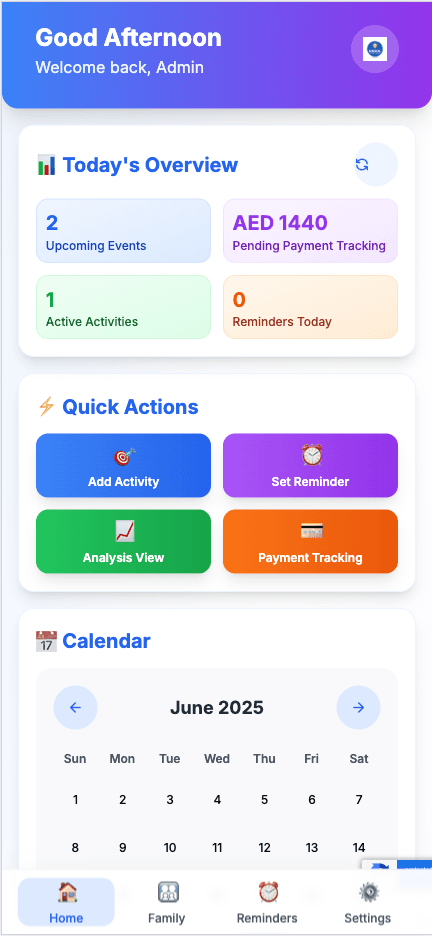 KidoCal Dashboard - Overview of today's activities and quick actions