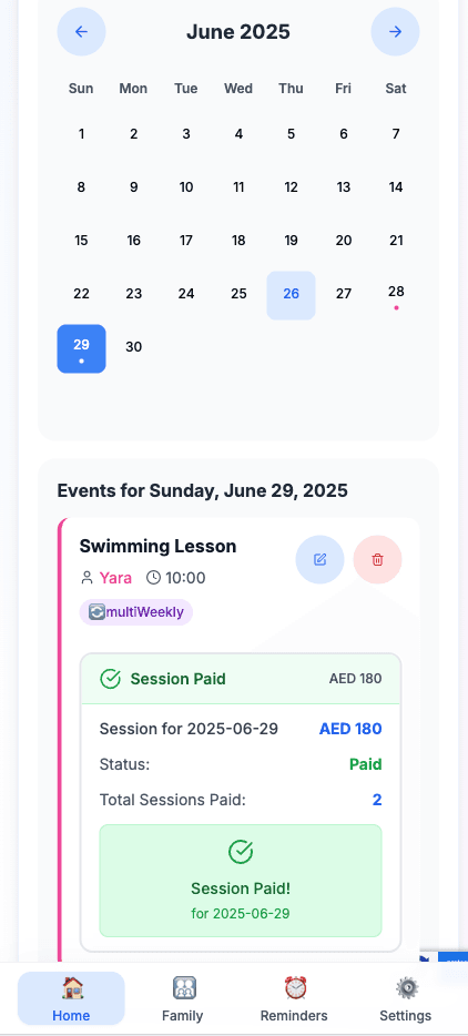 KidoCal Calendar - Monthly view with event details and payment tracking